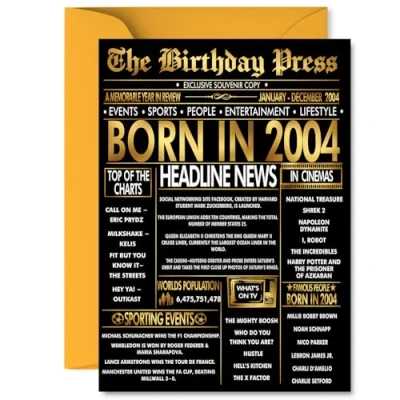 Image of Gold 21st Birthday Card for Men Women Black &amp; Golden Newspaper Born in 2004 Happy 21 Cards Son Friend Granddaughter Uncle Cousin Sister, 5x7 Inch Bday Greeting