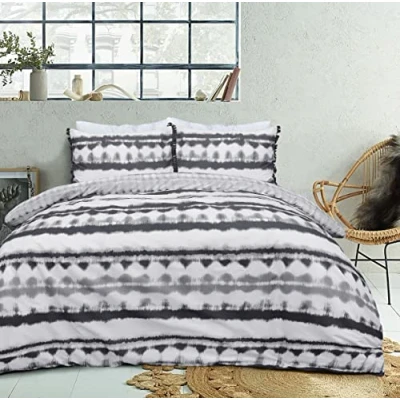 Image of Sleepdown Tie Dye Geo Mono Black White Reversible Duvet Cover Quilt Tassel Pillow Case Bedding Set Soft Easy Care Single (135cm x 200cm)