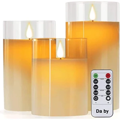 Image of Da by Flameless Candles with Glass Effect H 10/12.5/15 cm Set of 3 Drip Less Real Wax Pillars Include Realistic Dancing LED Flames and 10 Key Remote Control 24 Hour Timer Function