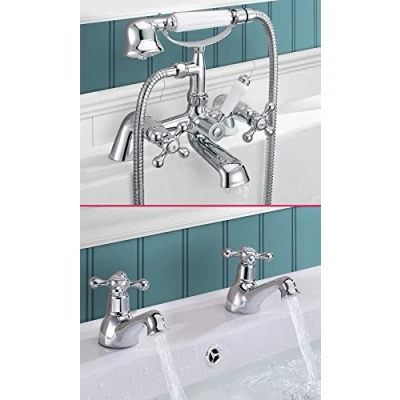 Image of Classic Bathroom Sink Basin Mono Mixer, Bath Filler, Shower Tap Chrome (Twin TAPS &amp; Mixer)