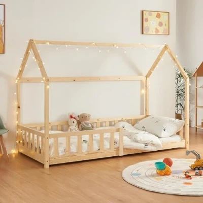 Image of [en.casa] Children&#039;s bed Hesel House wood look 90 x 200 cm with fall out protection and slatted frame Floor Youth Wooden