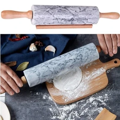 Image of Gr8 Home 46cm Marble Rolling Pin with Wooden Handles and Cradle Stand Holder Non Stick Grey Kitchen Roll Baking Roller