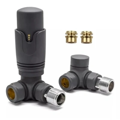 Image of Team Controls Anthracite Grey Corner TRV Thermostatic Radiator Valve &amp; Lockshield 10mm Pack Set Pair inc 2no. Inset Reducer