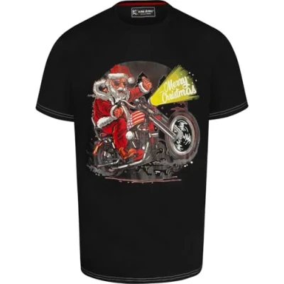 Image of KAM T Shirt Santa Biker Print Short Sleeve Christmas Casual Mens Plus Size X030 (UK, Alpha, 4XL, Plus, Regular, Black)