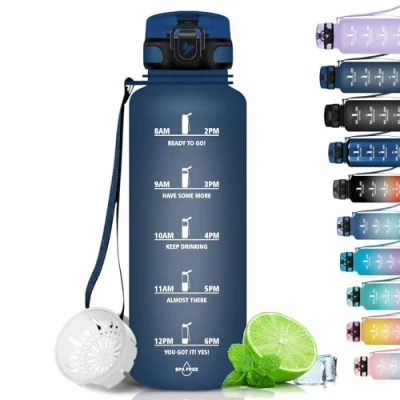Image of Grsta Drinking Bottle 1.5 L Sports Water Bottle, BPA Free, Suitable for Carbonated Drinks, Leak Proof, with Filter and Time Marking Fitness, Gym, School, Office Outdoor Use