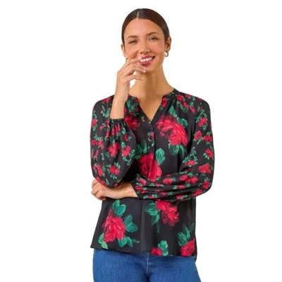 Image of Roman Originals Shirt for Women UK Ladies Top Collarless Blouse Stretchy Tunic Smart Casual Autumn Winter Jersey 3/4 Length Sleeve Notch V Neck Flattering Office Work Red Green Black Size 20