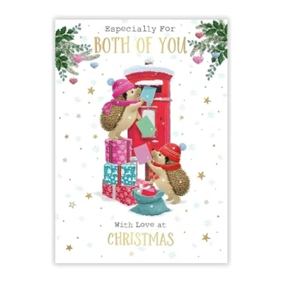 Image of Both Of You Christmas Card Hedgehogs and Post Box Artistic Festive Design Special Finish Made in the UK Eco Friendly