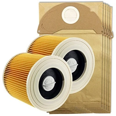 Image of SPARES2GO Cartridge Filters &amp; Bags for Karcher Wet Dry A2004, A2054, A2024, WD2 Hoover Vacuum Cleaners (Pack of 2 + 5 Bags)