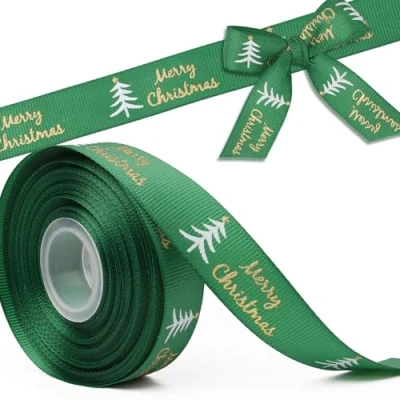 Image of 18.2m Merry Christmas Ribbon Roll for Gift Wrapping Grosgrain Rope Xmas Tree Present Packaging Holiday Party Decorations
