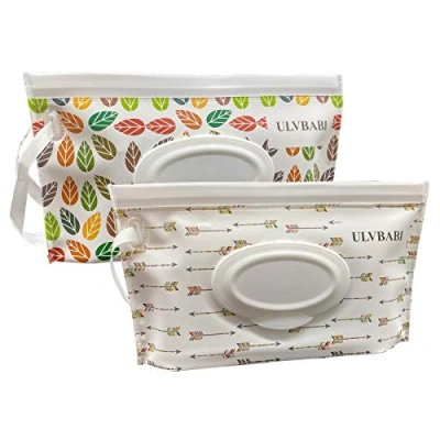 Image of ULVBABI Portable Wet Wipe Pouch Dispenser (2 Pack), Reusable Baby Diaper Disposal Bags, Refillable Personal Travel Clutch Holder Keeps Wipes Moist (Leaf &amp; Arrow Pattern)