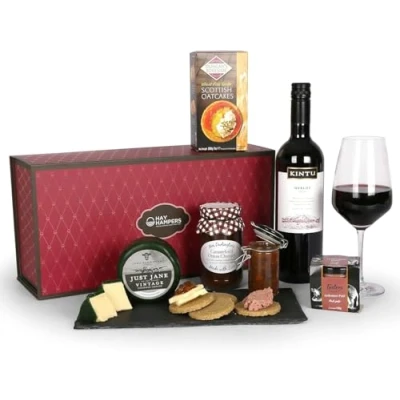 Image of Cheese and Wine Hamper Red Merlot, Cheddar, Chutney, Oatcakes Pate Gift for Mens Birthday, Hampers Women, Couples Gift, Set by Hay