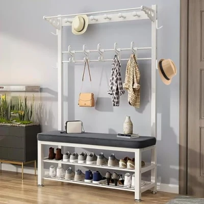 Image of Hall Tree with Removable Hooks and 2 Tier Shoe Stand, Industrial Coat Rack Stand Bench, Free Standing Tree, Entryway Storage Shelf, for Living Room,Hallway
