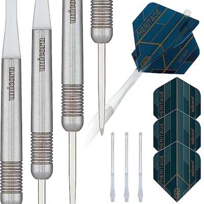 Image of Unicorn Steel Tip Darts Set Heritage Range T90 1976 90% Natural Tungsten Barrels with Laser Etched U Logo Hallmark 23 g