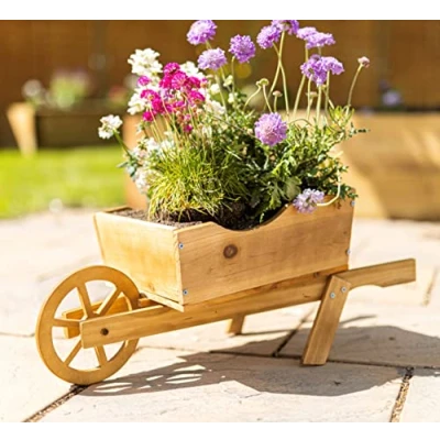 Image of Garden Mile Wooden Wheelbarrow Planters Outdoor Flower Pots Heavy Duty Rustic Large Ornaments Easy To Assemble for Display Pansies, Marigolds, Begonias 70cm