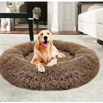 Image of Yuly Warm Extra Large Donut Dog Beds, Calming Bed for Dog, Faux Fur Washable Pet Bed, Self Warming Round Plush Beds Medium (120cm Brown)
