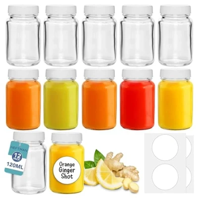 Image of HEFTMAN Glass Shot Bottles with Lids 12 Pack 120ml Cleaning Brush &amp; Labels Reusable Ginger Empty Clear, Airtight Juice Bottles, Oils, Sauce, Medicine