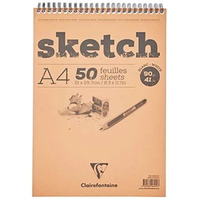 Image of Clairefontaine Ref 96904C Head Wirebound Sketch Pad (50 Sheets) A4 Sized, 90gsm Paper, Microperforated Suitable for Sketching with Pencil, Charcoal &amp; Felt Tip
