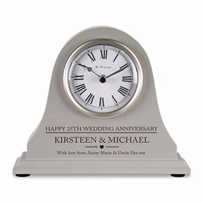 Image of De Walden 25th Silver Wedding anniversary couple gift Engraved Grey Mantel Clock