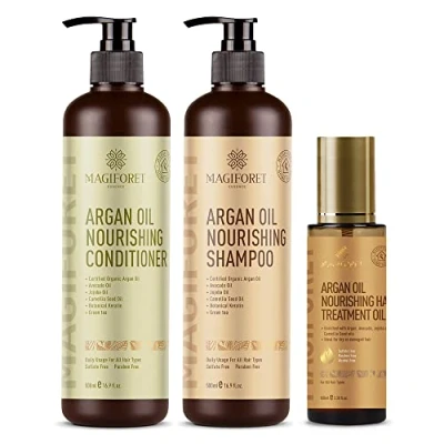 Image of Argan oil Shampoo and Conditioner Set (2 x 16.9 Oz) MagiForet Organic &amp; Sulfate Free Soft Smooth, Gentle on Curly Color Treated Hair,For Men Women (hair set)