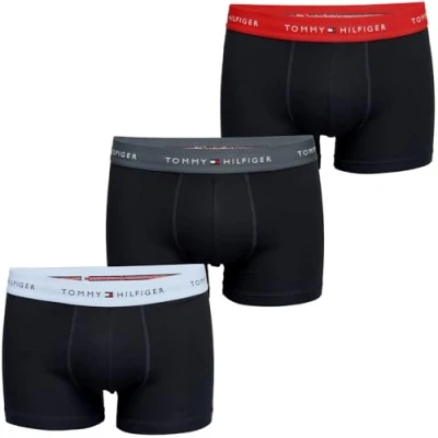 Image of Tommy Hilfiger Men’s 3 Pack Trunks with Logo Waistband, Multicolor (Swt Blu/Mil Den/Prim Red), M