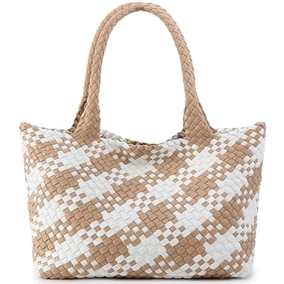 Image of Queenoris Woven Bag for Women, Fashion Top Handle Shoulder Vegan Leather Shopper Large Travel Tote Bag, Apricot+white