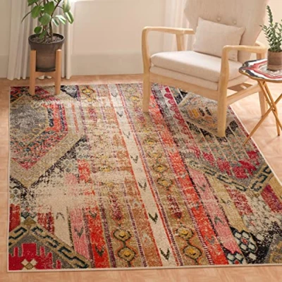 Image of Safavieh Boho Chic Teppich für Wohnzimmer, Esszimmer, Schlafzimmer Monaco Collection, Kurzer Flor, Hellgrau und Multi, 91 X 152 cm