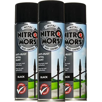 Image of Nitromors Smooth Metal Paint Black 500ml Aerosol 3 Pack Protection Against Rust and Corrosion Superior Coverage NBP500