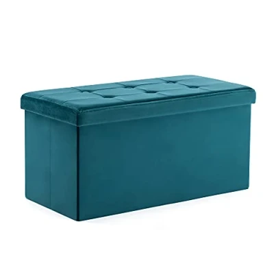 Image of HNNHOME Storage Ottoman with Lid 82 x 40 cm, Foldable Footstool 109L Capacity, Velvet Chest, Bedroom Bench, Extra Seating Rectangular for Hallway, Living Room (Teal, Large)