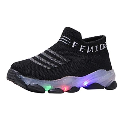 Image of Baby Girls Boys Trainers Led Luminous Flashing Socks Shoes Sports Running Solid Color Mesh Sneakers Lightweight Children Outdoor Trekking Slip On Casual (Black,9 UK Child=EU 27)