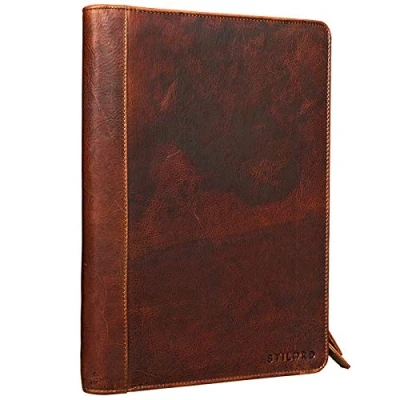Image of STILORD &#039;Julius&#039; Vintage Conference Folder A4 Leather Brown Portfolio Document Sophisticated Design fit for 12 inch Tablets Genuine Leather, Colour:Kara Cognac