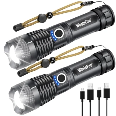 Image of WholeFire LED Torch Rechargeable Super Bright 10000 Lumens, USB Fast Charging XHP50 Torches Battery Powered, Zoomable Waterproof Powerful Flashlight for Camping Hunting Emergency Gift, 2 Pack