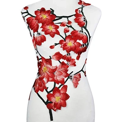 Image of Large Magnolia Embroidered Applique Motif Patches Trimming Embellishment Sew on Women Dress Decorated 1 Set
