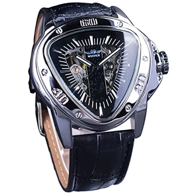 Image of FORSINING Men&#039;s Watch Fashion Mechanical Wrist Triangle Racing Dial, Waterproof Golden Skeleton Dial Automatic Movement Leather Design for Men (Silver), Silver,