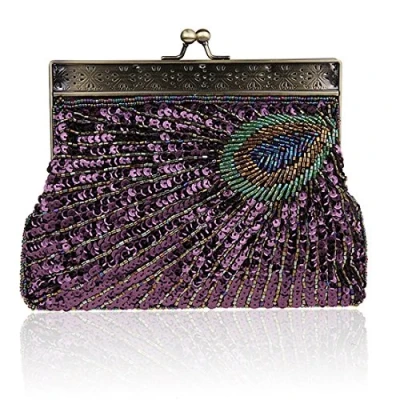 Image of YYW Vintage Clutch Sequin Teal Peacock Unusual Antique Beaded Evening Handbag Women&#039;s Fashion Designer Elegant Purse (Purple)