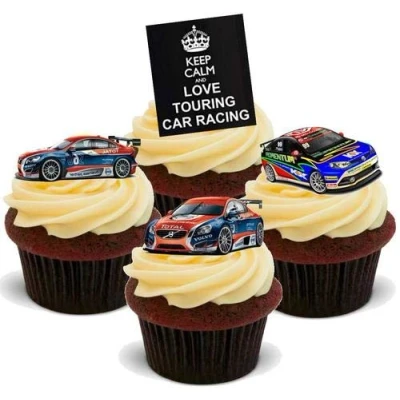 Image of Keep Calm Touring Cars Mix 12 Edible Stand Up Premium Wafer Card Cake Toppers Decorations