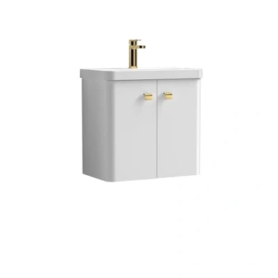 Image of Curve Wall Hung 2 Door Vanity Basin Unit 600mm Gloss White with Brushed Brass Drop Handles (Tap Not Included)
