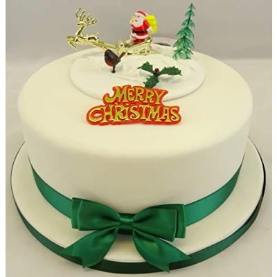 Image of Christmas Cake Santa on a Golden Sleigh Holly Leaf Fir Tree Robin Motto &amp; Green Ribbon Bow Set The Complete Decoration Topper