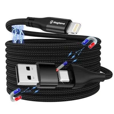 Image of Magtame Magnetic Coiled Lightning Cable 2 in 1, Multi Charging Cable, 1M USB A/C to Fast PD 30W, Braided Cord MFi Certified Compatible with iPhone 14 Pro 13 12 11 XR XS SE