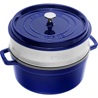 Image of Staub 1004354 Cast Iron Roaster/Cocotte, With Steam Insert, Round 26 cm, 5.2 L, Matte Black Enamel Inside the Pot, Basil/Green, Basilic