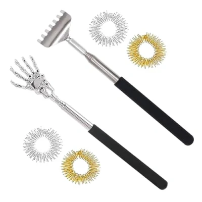 Image of Back Scratcher, 2 Pcs Stainless Steel Scratcher and 4Pcs Massage Rings for Finger, Telescoping Portable Extendable Massager