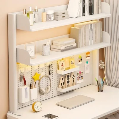 Image of Ahtadums Clamp On Desk Organizer Shelf, Multipurpose Countertop Hutch Bookshelf, Extender Pegboard, Adjustable Desktop Display Rac (White, 80cm)