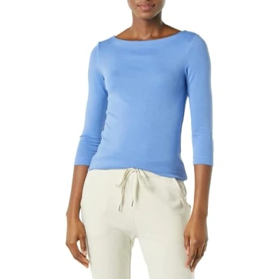 Image of Amazon Essentials Women&#039;s Slim Fit 3/4 Sleeve Solid Boat Neck T Shirt, Blue, XL