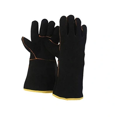 Image of FZTEY Heat Resistant Fire Proof Guant, Welding High Temperature Gloves, Stove Long Leather Welders Thermal Gauntlets For BBQ, Mig,Log Burner Woodburning, Fireplace(Black)