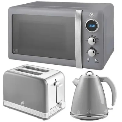 Image of Swan Retro Grey 1.5L Kettle, 2 Slice Toaster &amp; 20L Digital Microwave Set