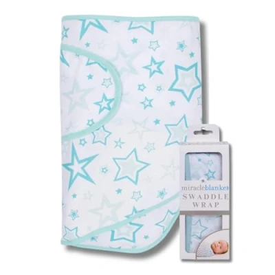 Image of Miracle Blanket Baby Sleep Wearable Swaddle Wrap for Newborn Infant Boy or Girl 0 3 Months, Aqua Stars