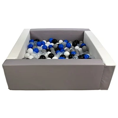 Image of Velinda Soft play ball pit, home indoor, outdoor, pit + 200 balls (Ball pit/balls colour: white, grey/black, transparent, blue, grey)