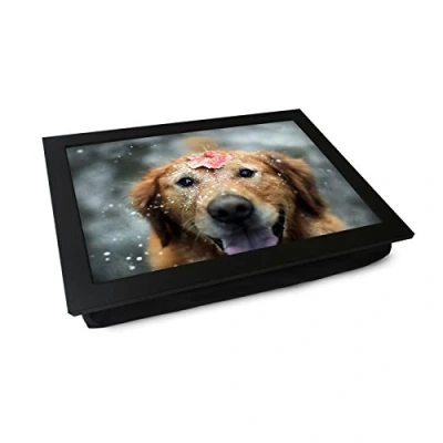 Image of Extra Large Portable Lap Desk Tray (Dog In Snow) Wide Multi Purpose Handmade Wooden Frame, Big Beanbag Cushion Bottom Computers, Laptops, Meals, Food 49.8cm XL25 Black