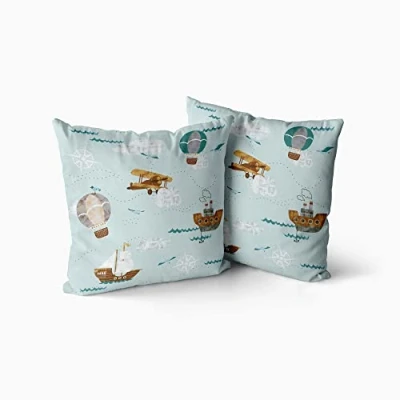 Image of Happy Linen Company Girls Boys Kids World Explorer Blue Square 43cm x Reversible Cushion Covers