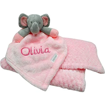 Image of Personalised Baby Gift Sets Embroidered Elephant Comforter &amp; Blanket Boy/Girl Set Shower (Pink Comforter/Blanket)