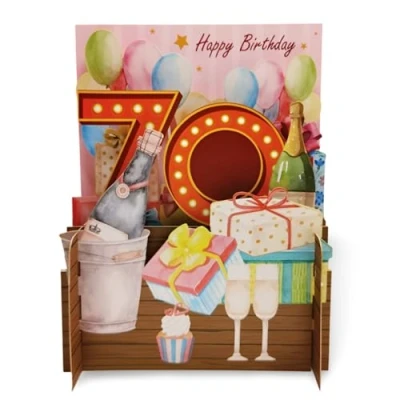 Image of Happy 70th Birthday Fizz &amp; Presents 3D Pop Up Greeting Card by Alljoy Cards MN047